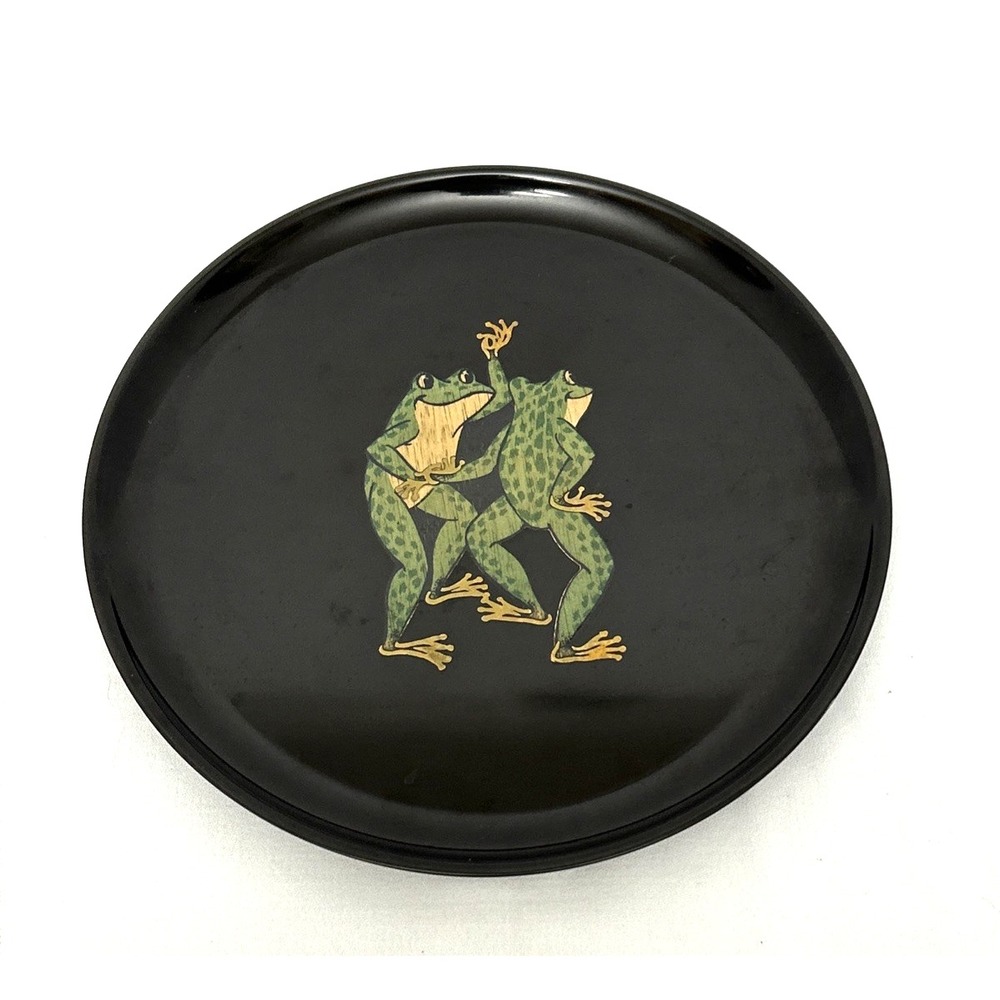 Vtg Couroc of Monterey Dancing Frogs Black Tray Platter Plate 10.5" D Barware